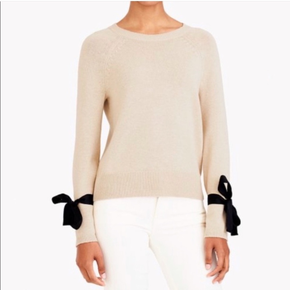 J Crew Merchantile Women's Cream Sweater with Black Bow Accents